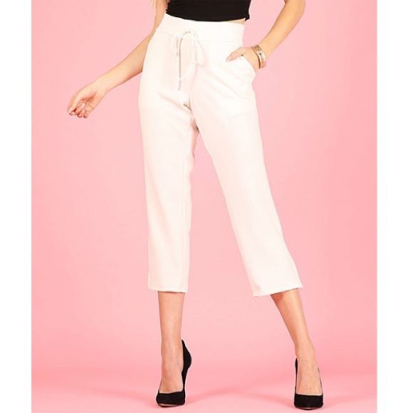 Ivory Smocked Drawstring High-Waist Capris, L - Picture 2 of 7